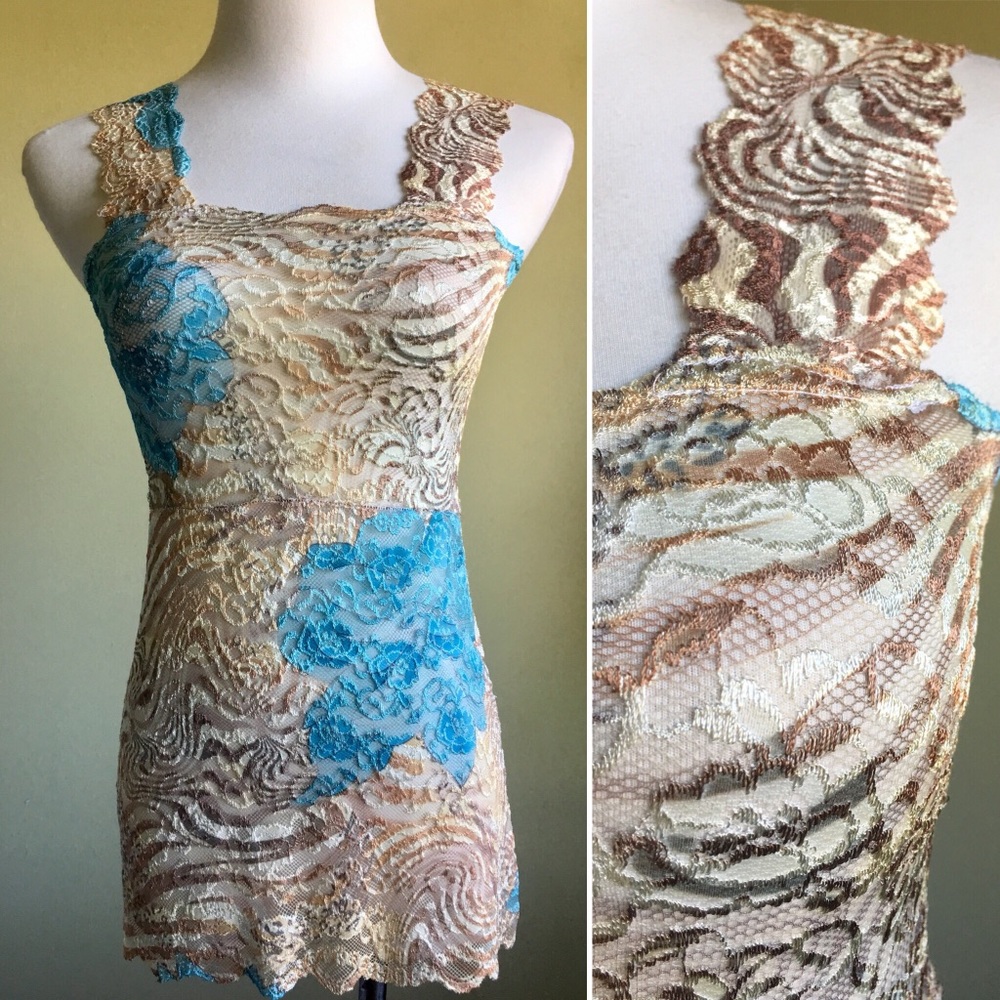 Bronze Tan Blue Floral Lace Camisole Tank Top - Picture 1 of 4